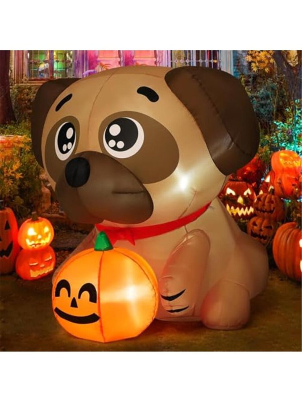 5 FT Long Halloween Inflatable Dog Blow Up Pug Holding Pumpkin with Built-in LED - Picture 3 of 6